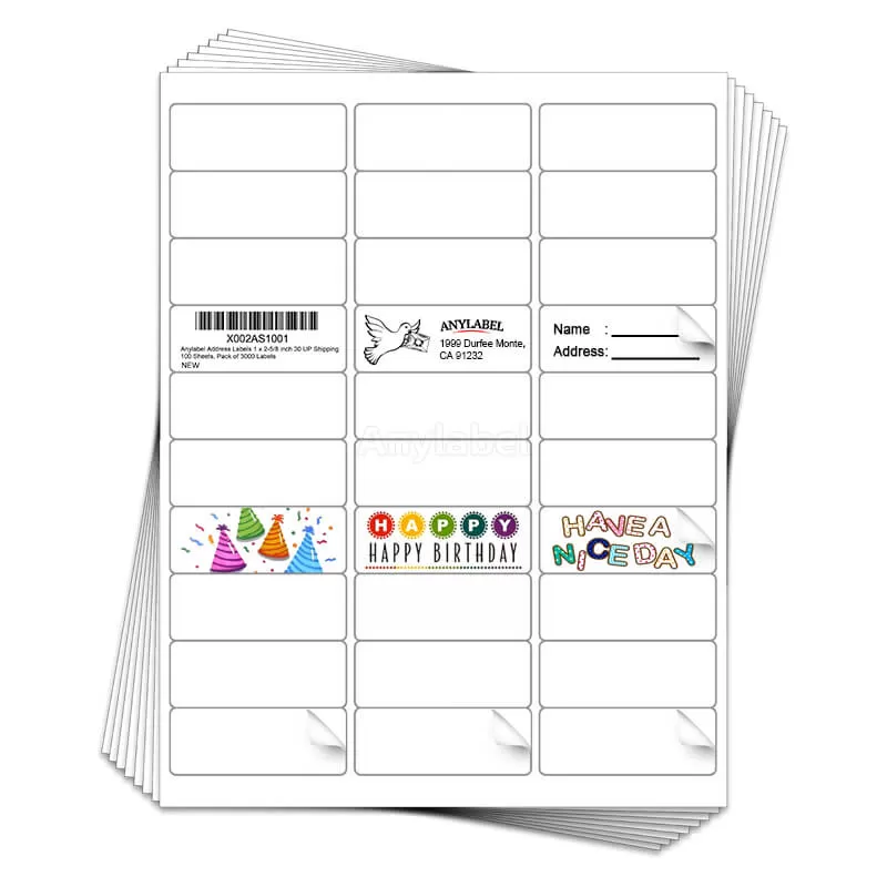 30UP 2 5/8'' x 1'' Shipping Address & Barcode Labels for Laser & Inkjet Printers